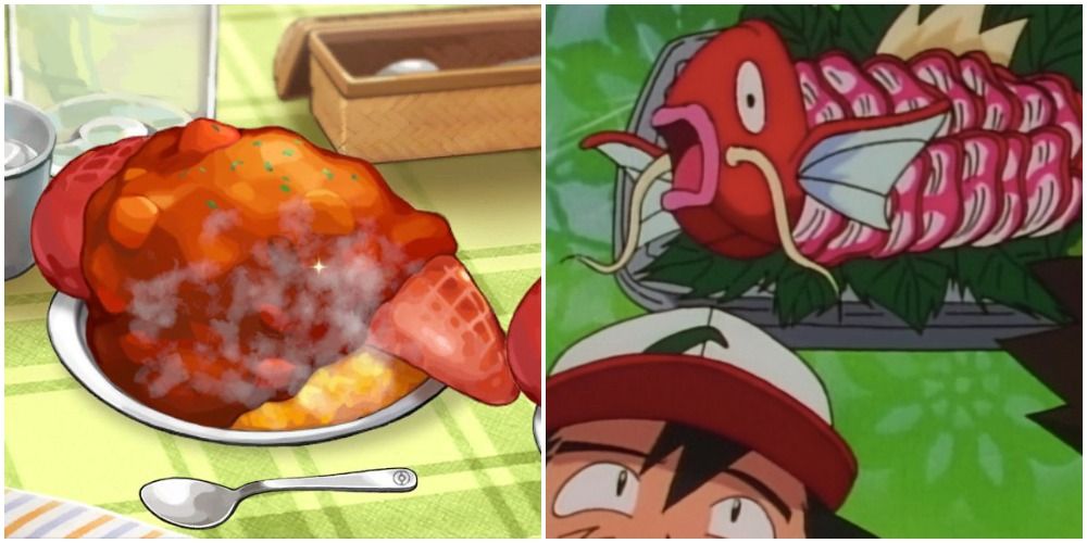Split image of curry and Ash daydreaming of Magikarp sushi. 