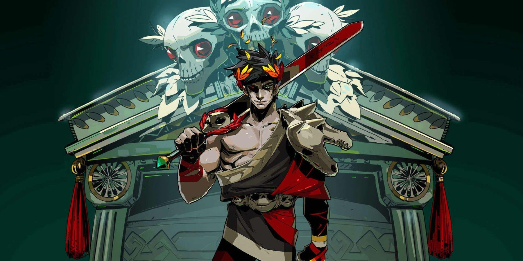 hades promo art zagreus with Stygius Greek columbs in the background 