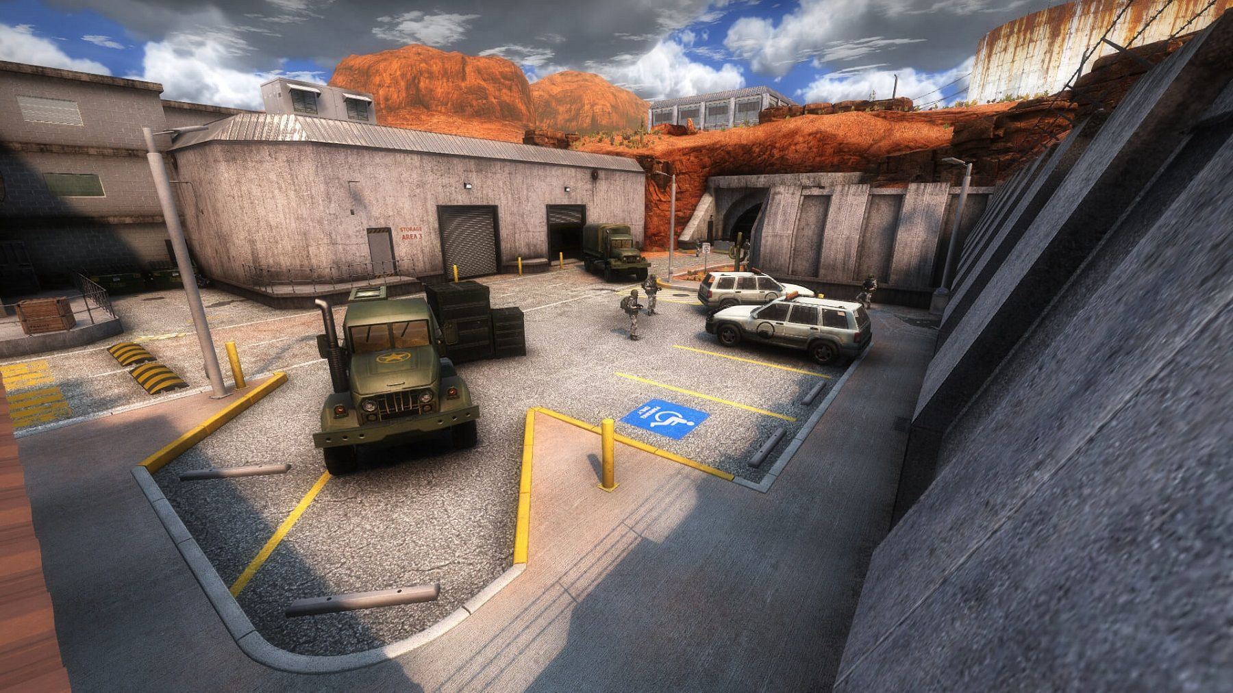 Image from the Half-Life: Opposing Force remake showing marines and some army trucks outside.