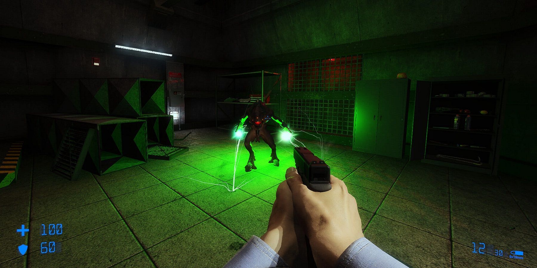 Screenshot from the Half-Life: Blue Shift remake showing the player about to shoot a vortiguant.