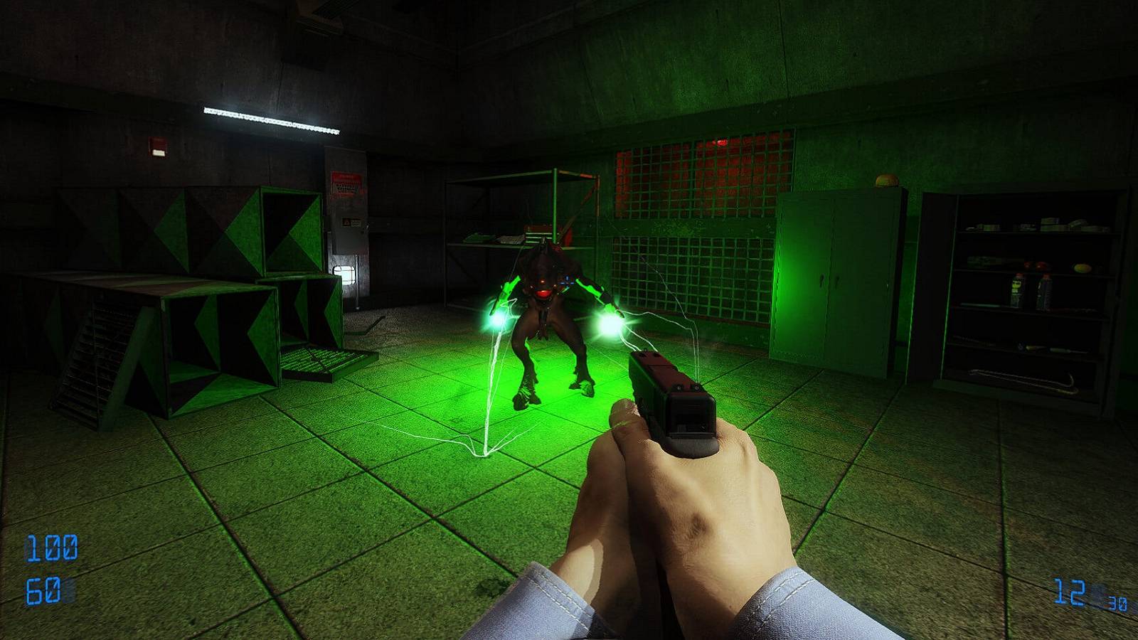 Screenshot from the Half-Life: Blue Shift remake showing the player about to shoot a vortiguant.