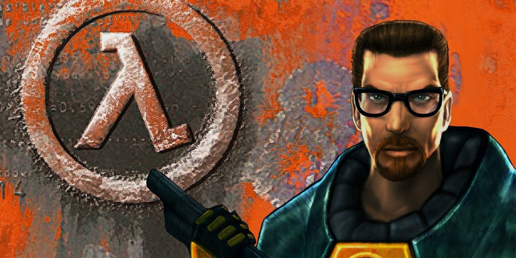 The Half-Life lambda logo on an orange background with Gordon Freeman holding a shotgun in the foreground.