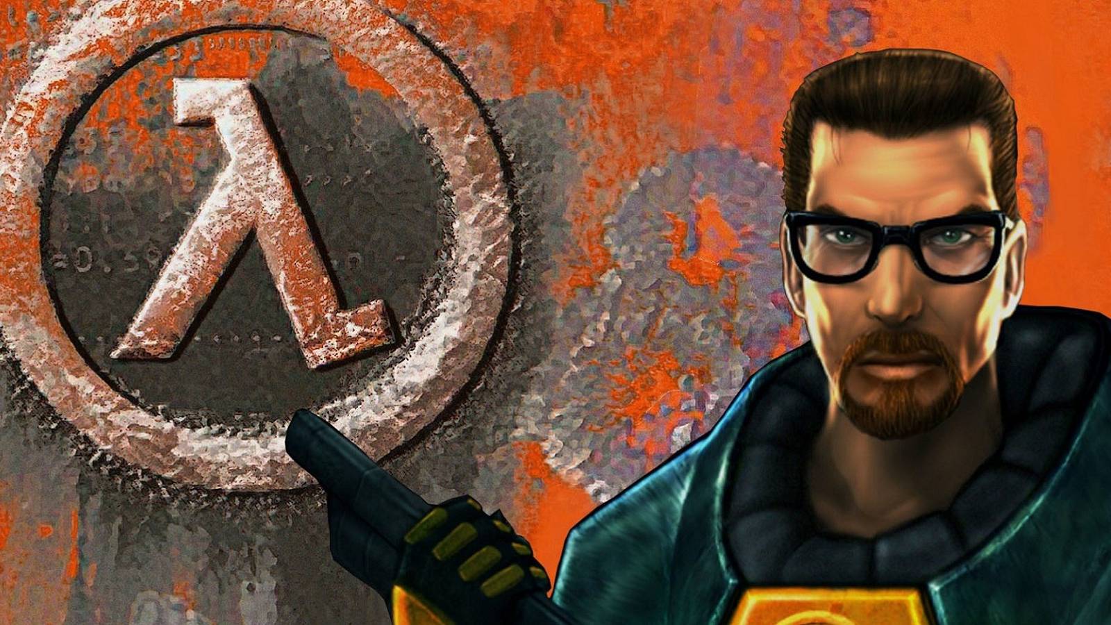 The Half-Life lambda logo on an orange background with Gordon Freeman holding a shotgun in the foreground.