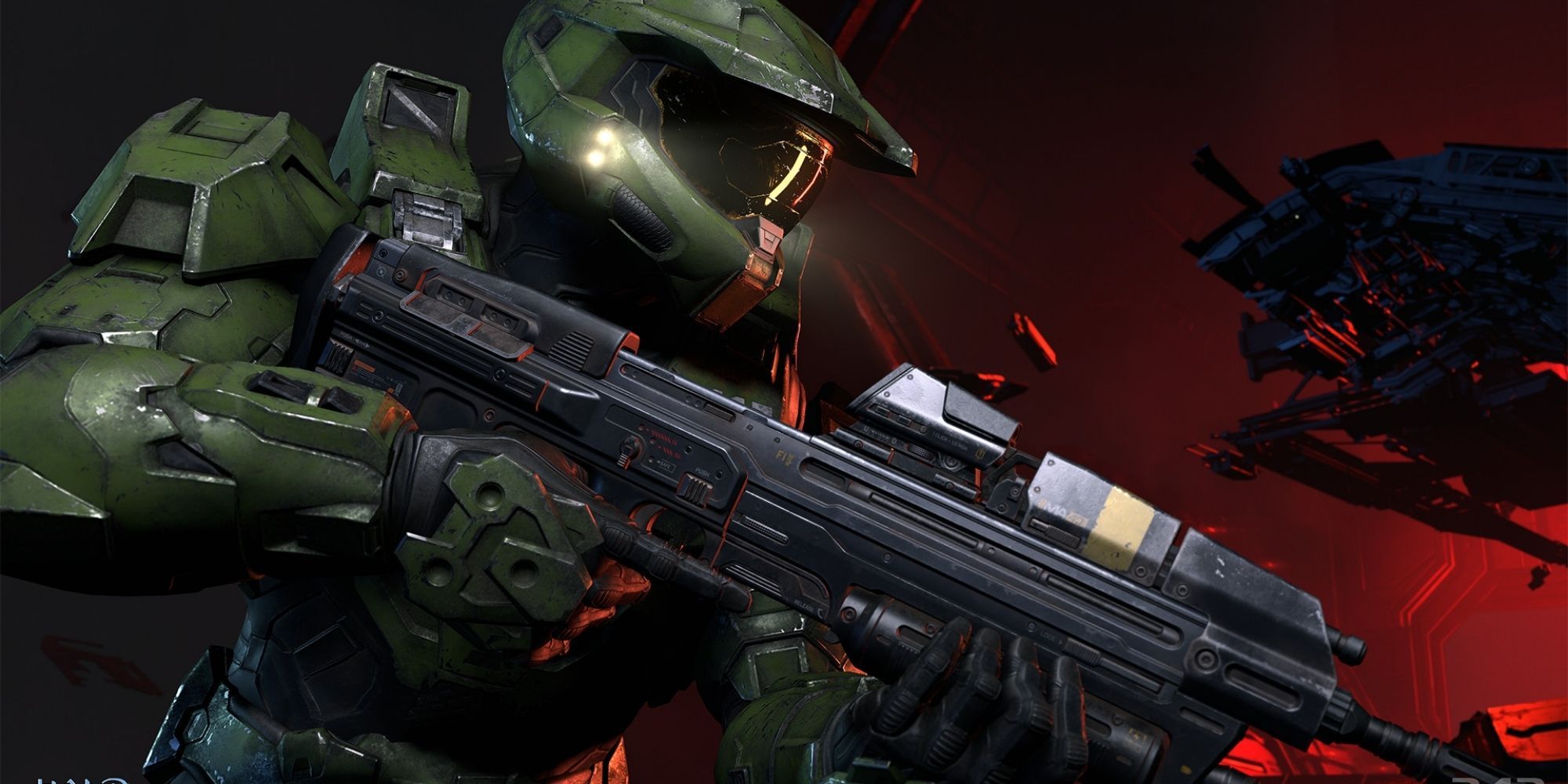 Official image of Halo character Master Chief holding an Assault Rifle.