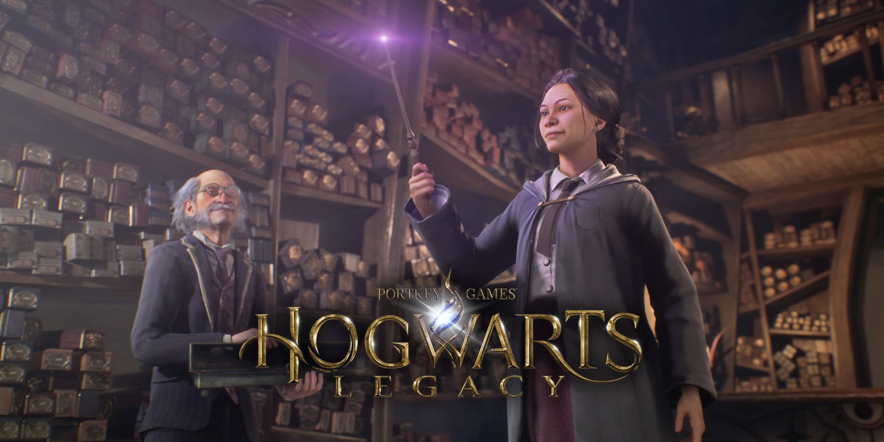 A young witch receives her wand from the wand shop in Hogwarts Legacy.