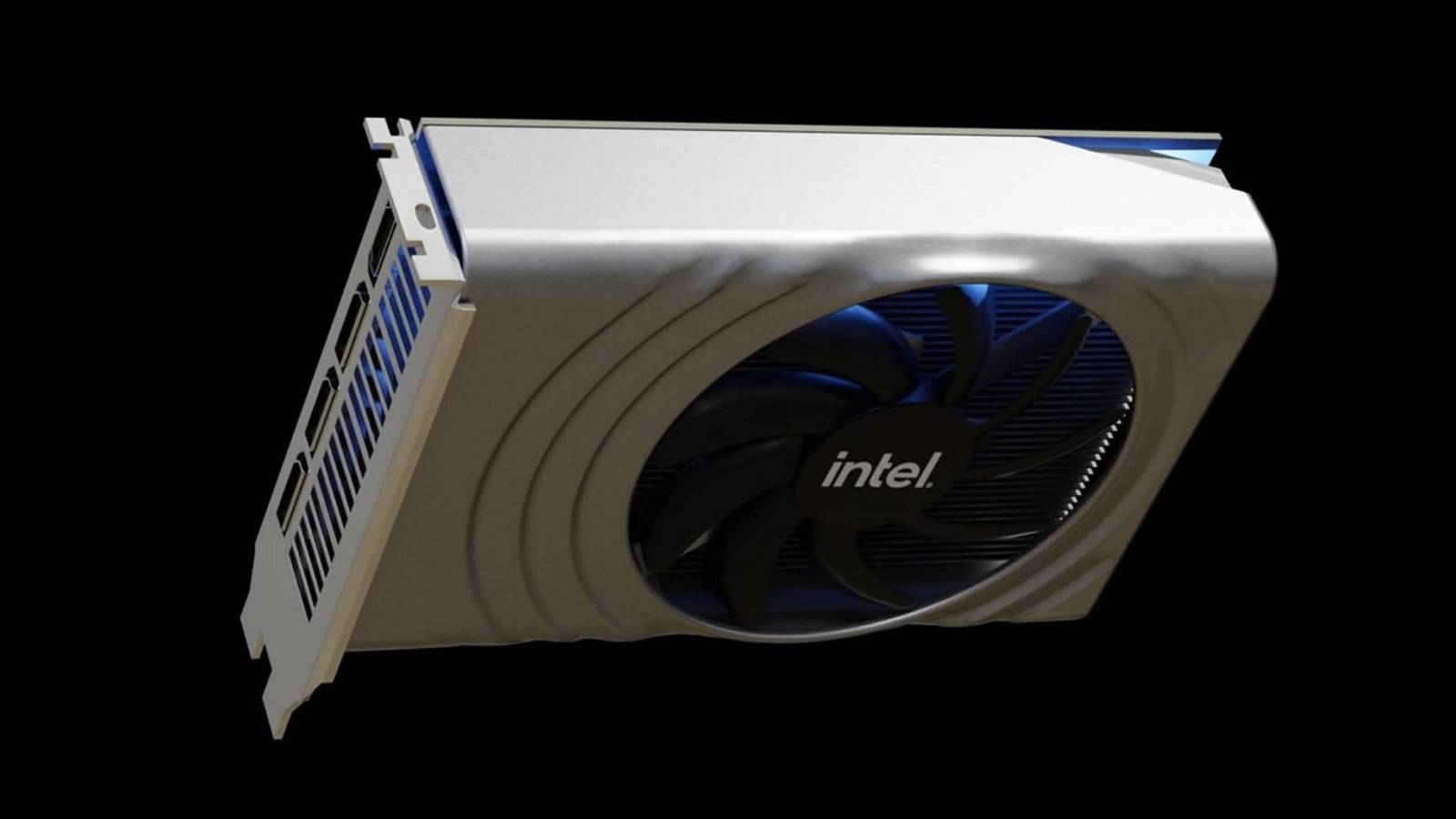 Image of an Intel Arc graphics card on a black background.