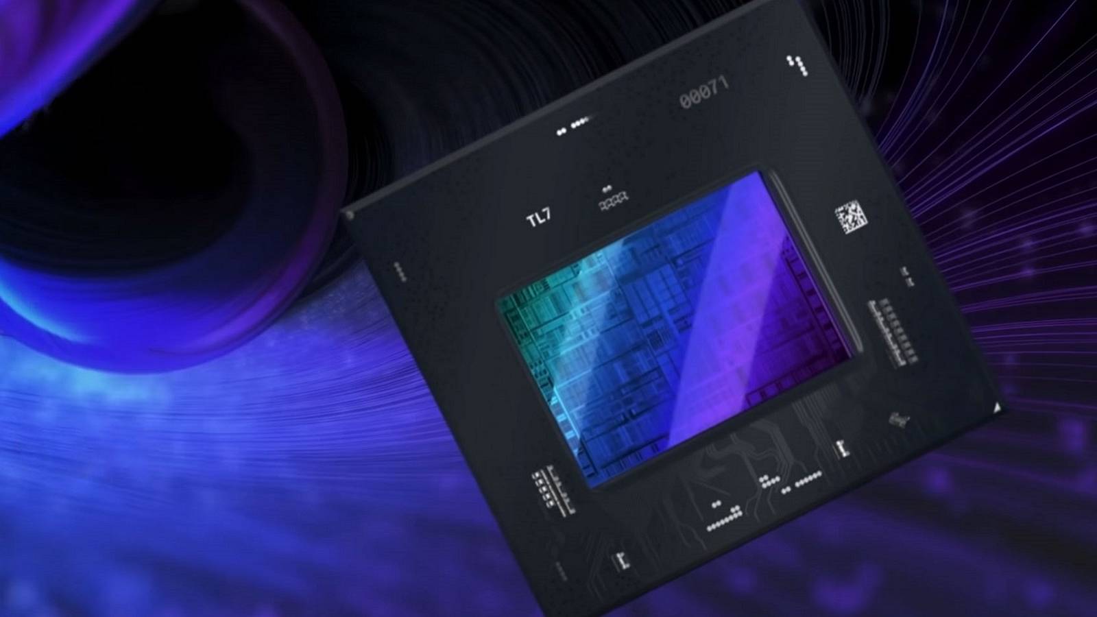 Image of an Intel ARC graphics card chip on a swirly purple background.