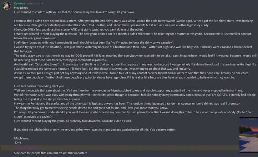 kyleaye fake shiny pokemon apology