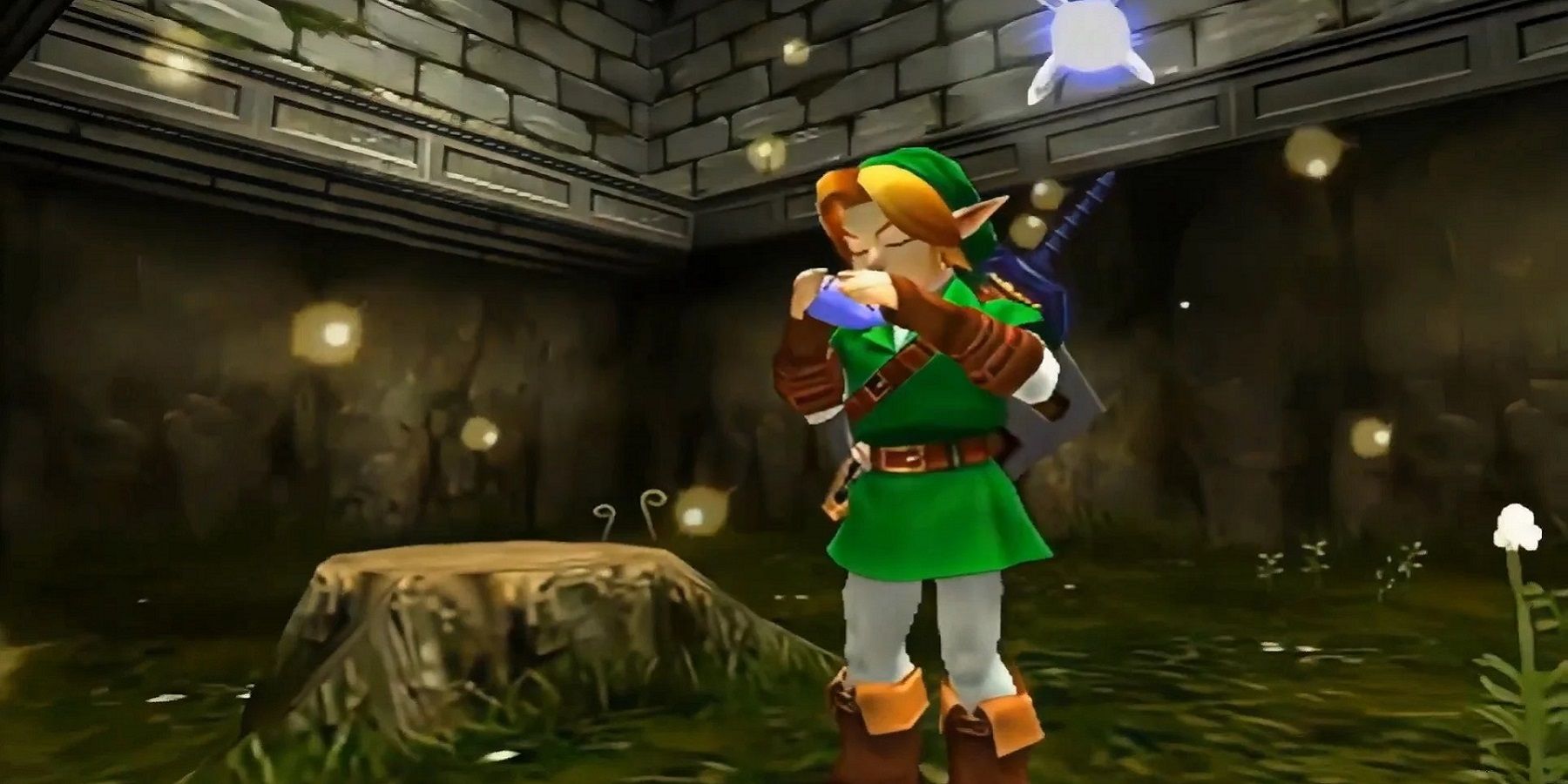 Скриншот из Ocarina of Time, на котором взрослый Линк играет на настоящей окарине.