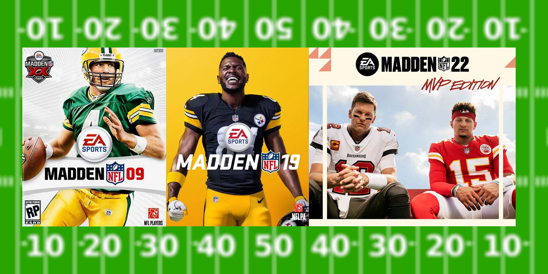 The covers for Madden NFL 09, Madden NFL 19, and Madden NFL 22 featuring in order Brett Favre, Antonio Brown, Tom Brady, and Patrick Mahomes.