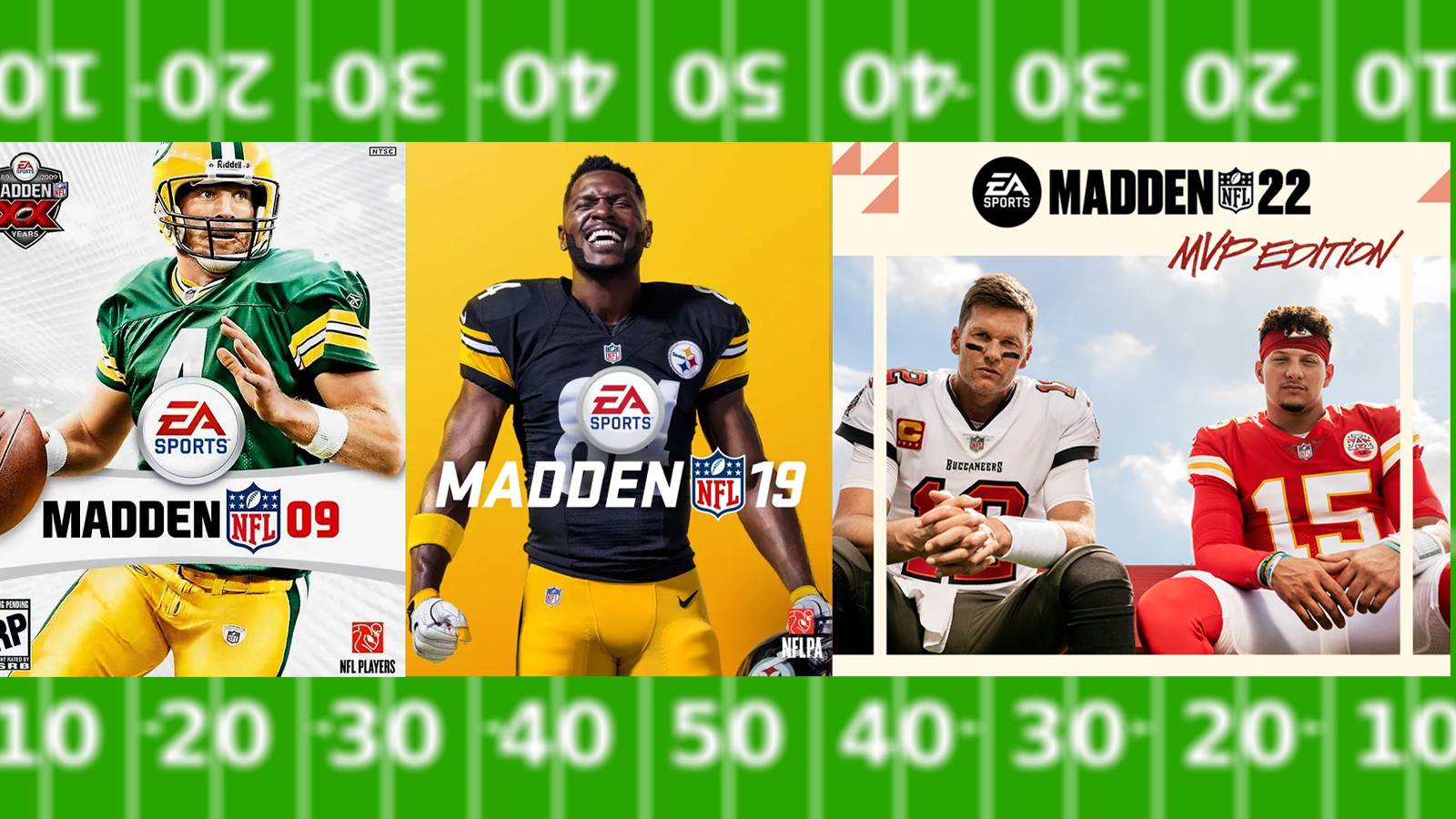 The covers for Madden NFL 09, Madden NFL 19, and Madden NFL 22 featuring in order Brett Favre, Antonio Brown, Tom Brady, and Patrick Mahomes.