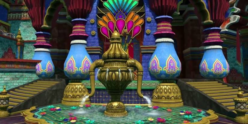 Fountain between stars with floating flowers. 