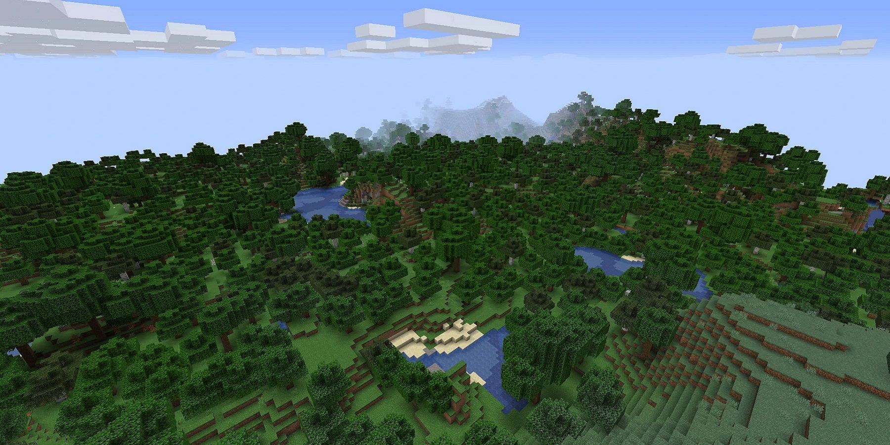 Screenshot from Minecraft showing a bird's eye view of a forested area.