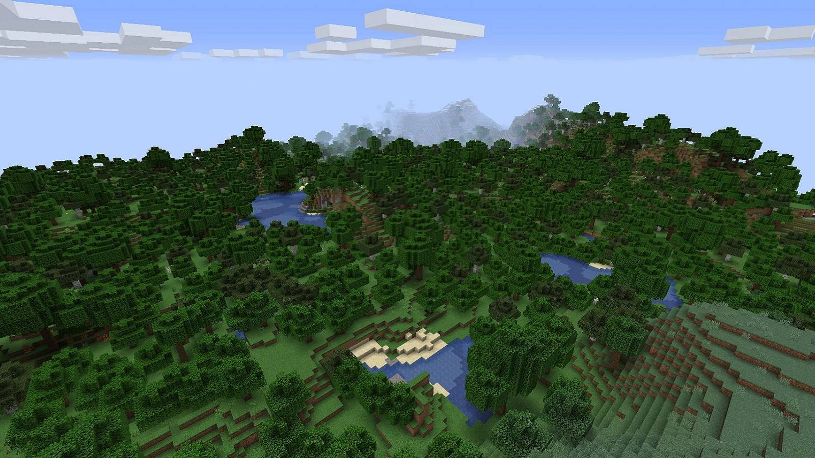 Screenshot from Minecraft showing a bird's eye view of a forested area.