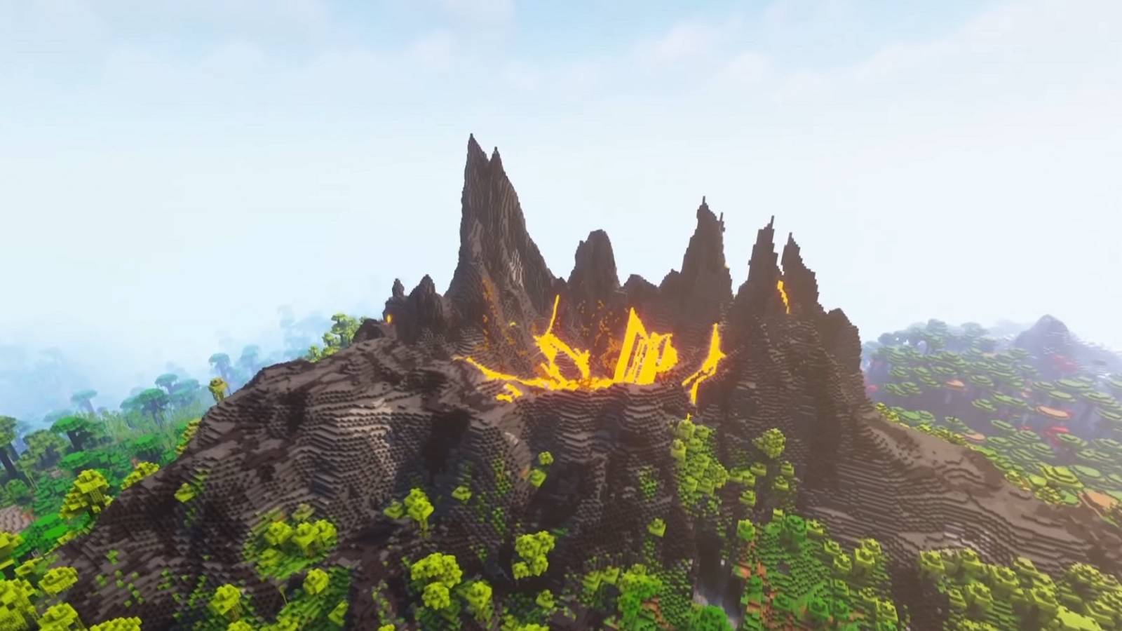 Screenshot from Minecraft showing a volcano in the distance.