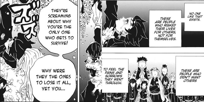 muzan clinging to Tanjiro while the latter is trying to get back up to his friends