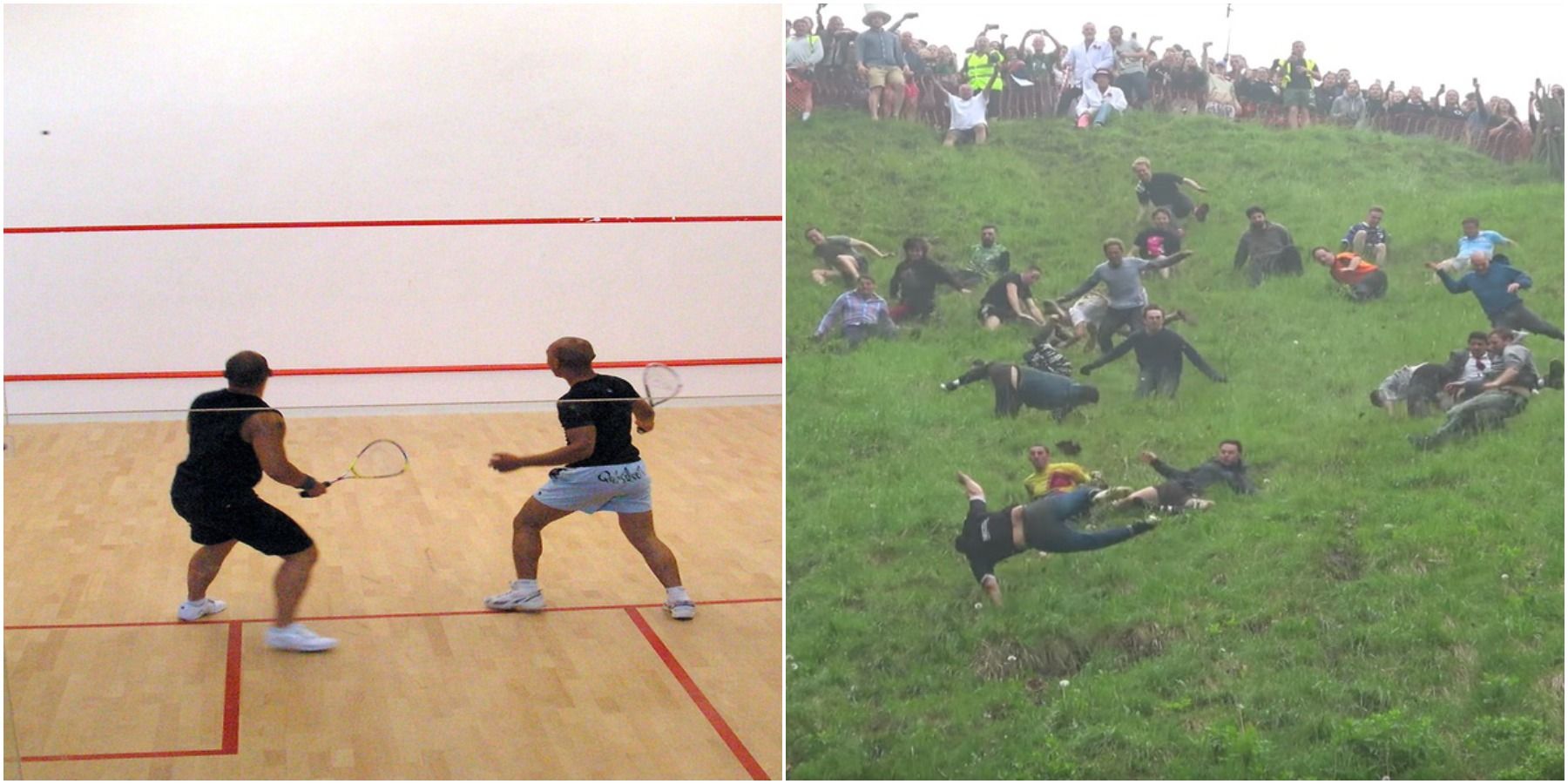 (Left) Squash match (Right) Cheese Rolling competition