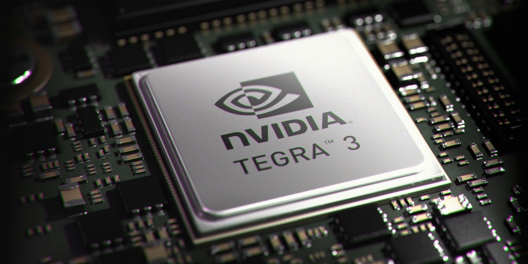 Photo of an Nvidia TEGRA 3 chip in a motherboard.