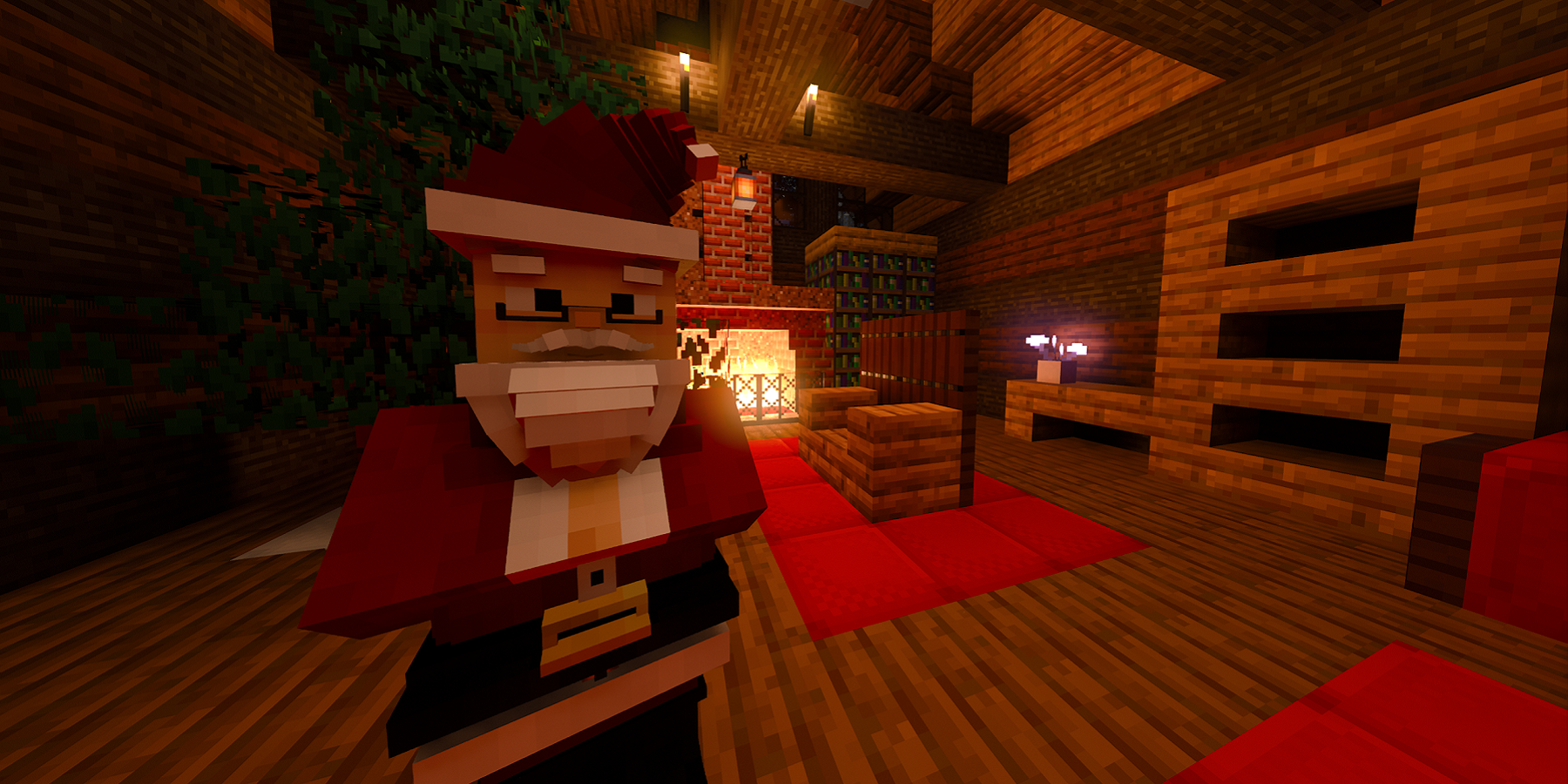 Screenshot from Minecraft running Nvidia RTX, which shows a blocky Santa Claus inside a log cabin.