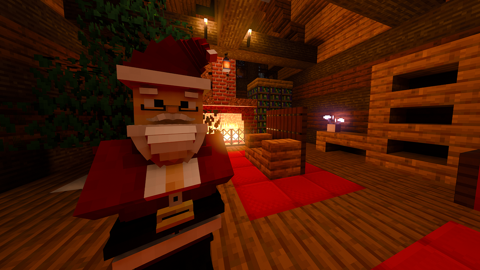 Screenshot from Minecraft running Nvidia RTX, which shows a blocky Santa Claus inside a log cabin.