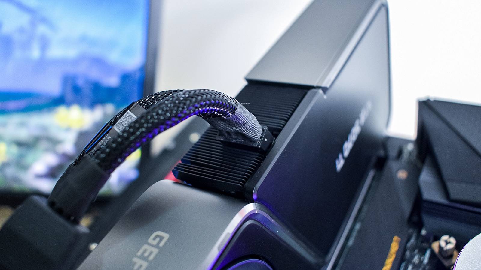 Close-up photo of the top of an Nvidia RTX grahics card.