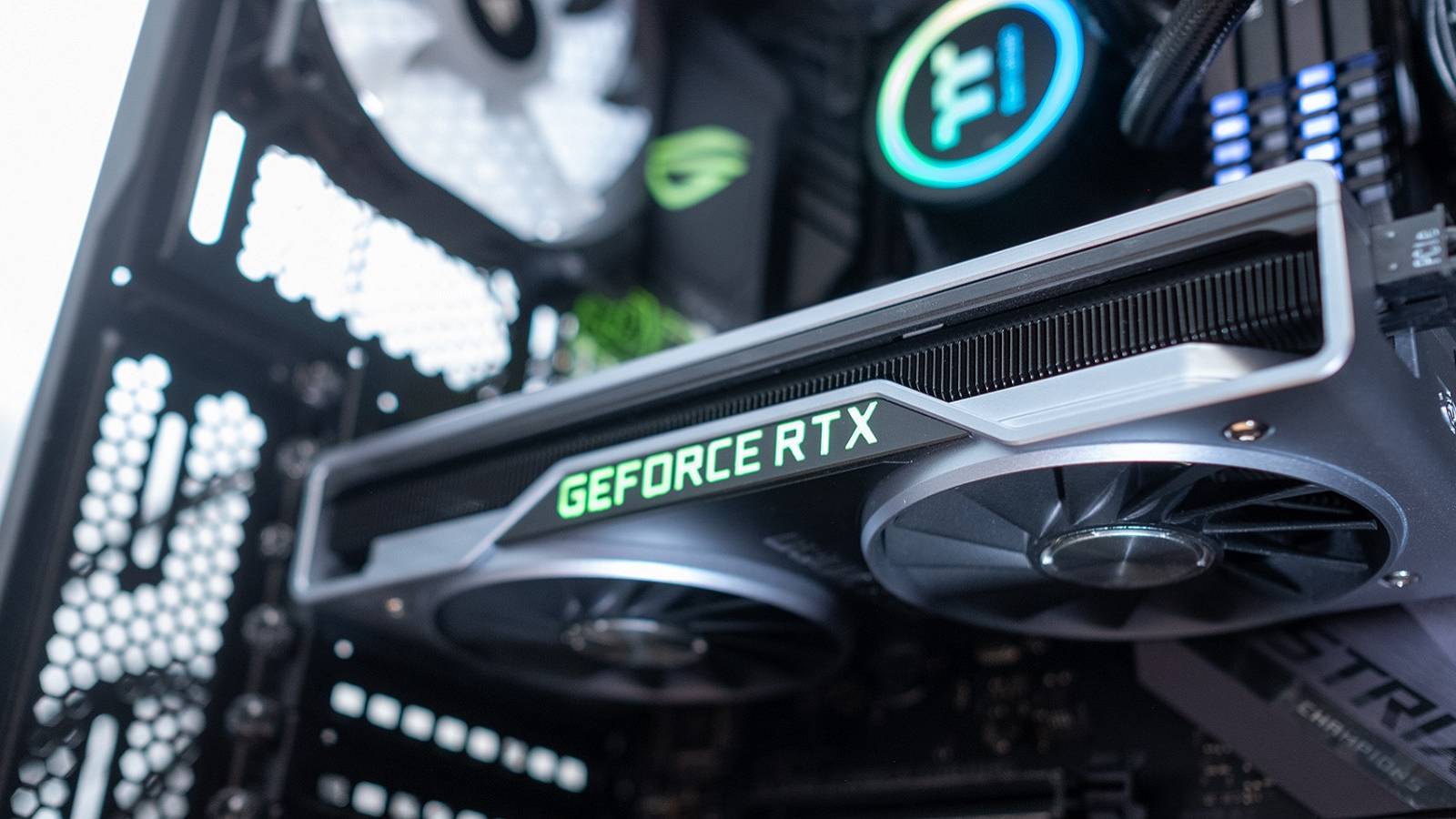 A photo of an Nvidia GeForce RTX graphics card in a motherboard.