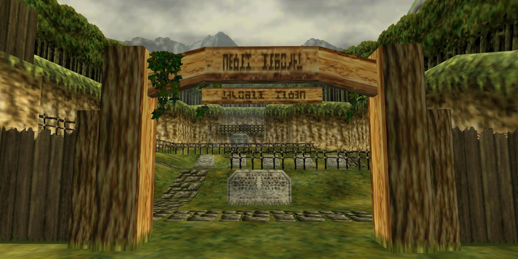 Screenshot from Ocarine of Time showing the entrance to Kakariko Graveyard.