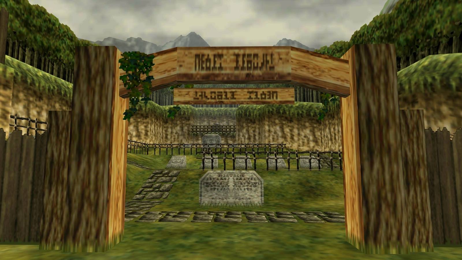Screenshot from Ocarine of Time showing the entrance to Kakariko Graveyard.