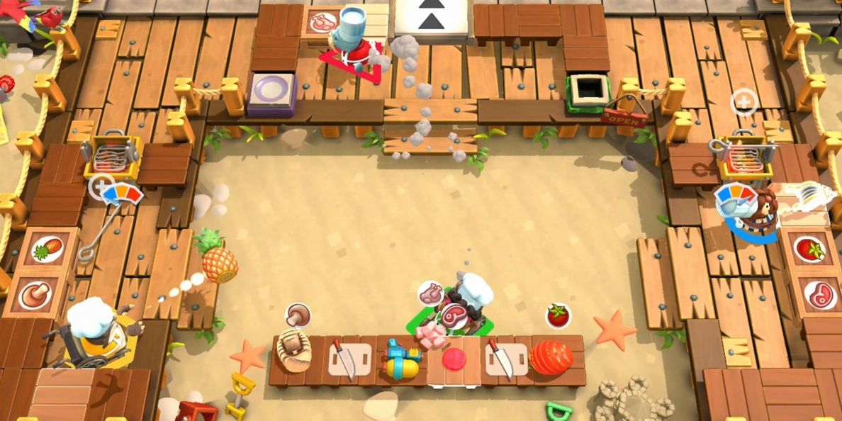 overcooked 2 players getting orders ready at beach kitchen
