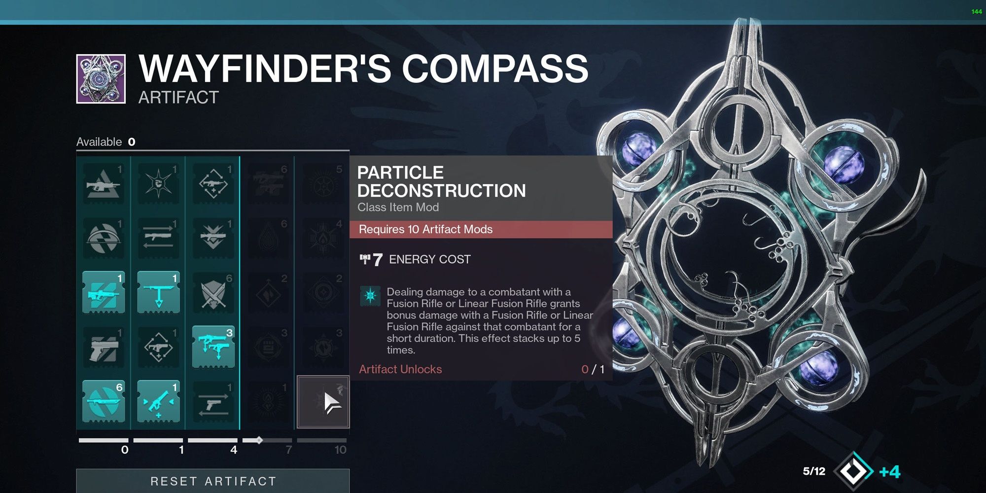 Particle Deconstruction Artifact Mod displayed in menu Wayfinder's Compass Destiny 2 