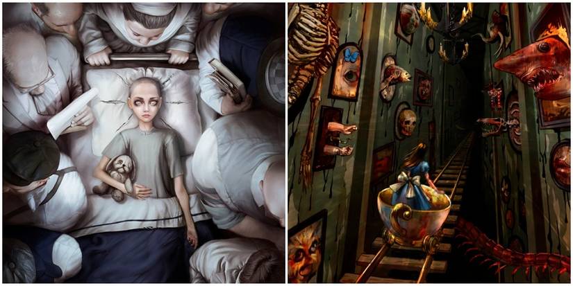 Alice in asylum bed and Alice in teacup cart ride. 