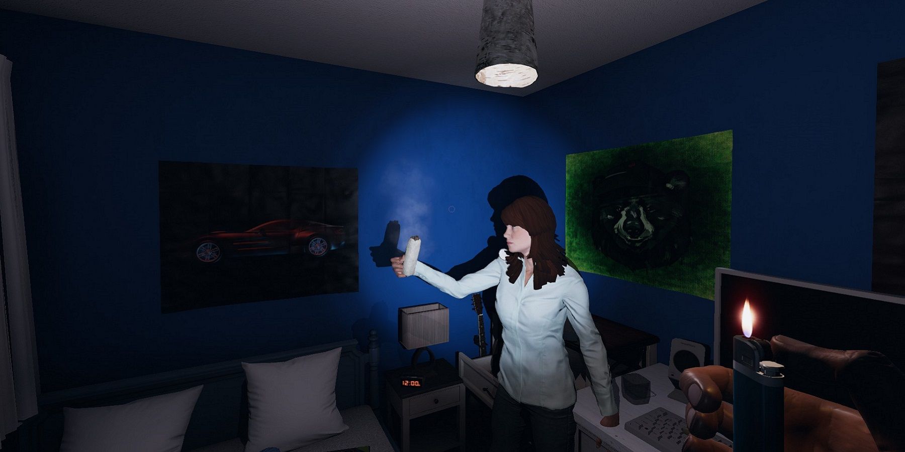 Screenshot from Phasmophobia showing a player in a bedroom using a smudge stick.
