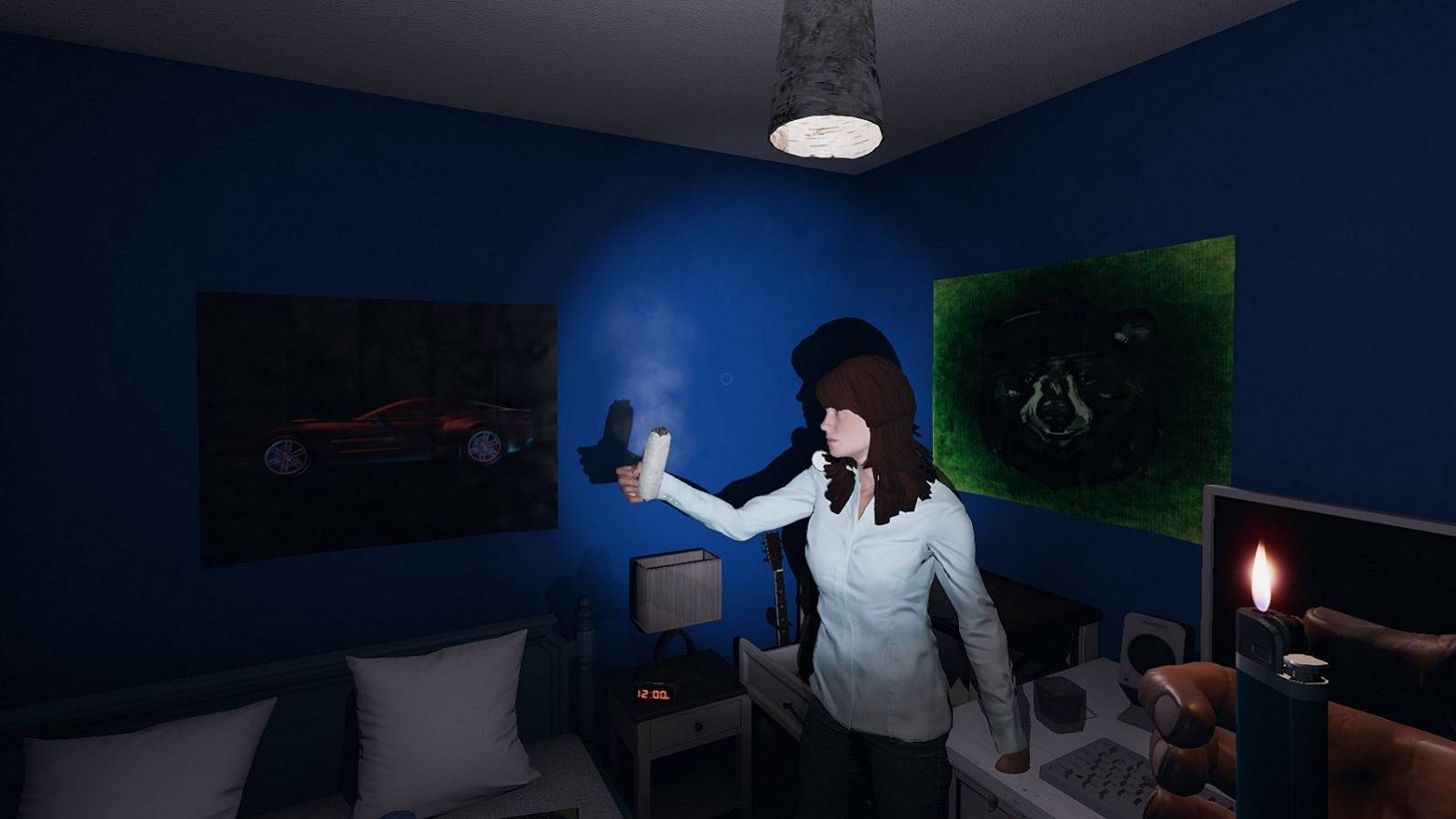Screenshot from Phasmophobia showing a player in a bedroom using a smudge stick.
