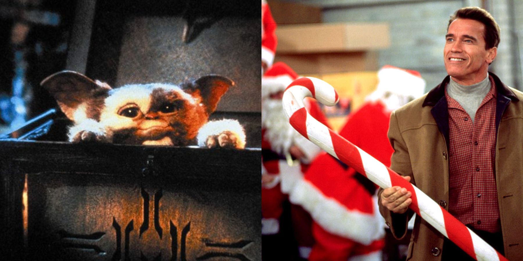 Movies like 8-Bit Christmas feature split image Gremlins and Jingle All the Way