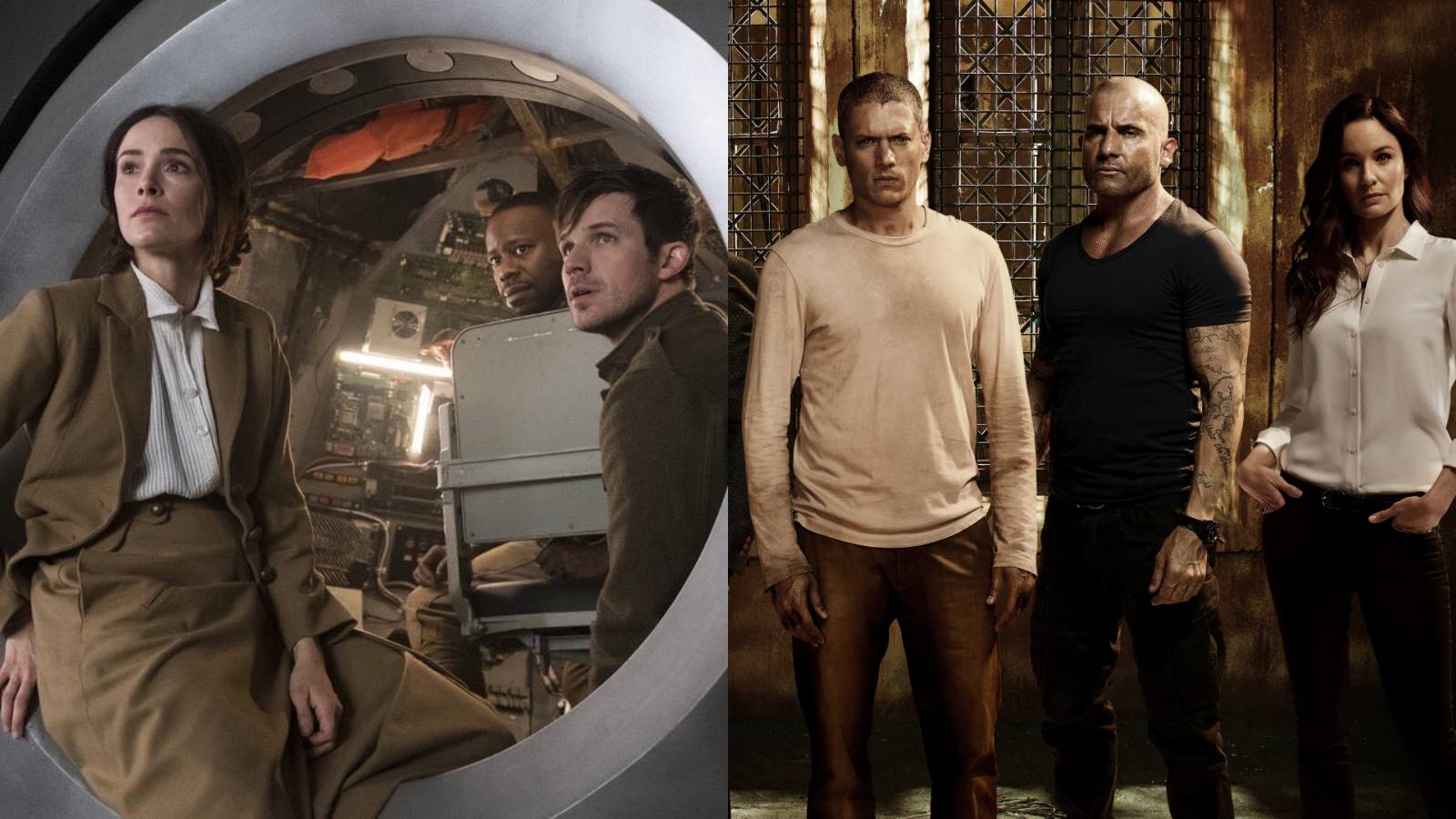 Canceled and revived shows feature split image Timeless and Prison Break