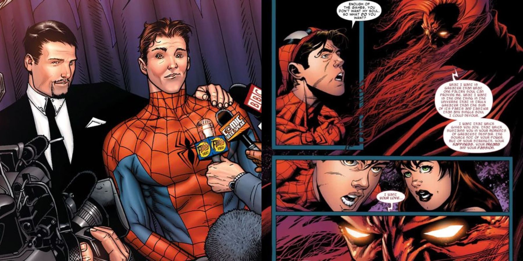 Spider-Man feature split image Spider-Man reveals his identity and Spider-Man makes a deal with Mephisto