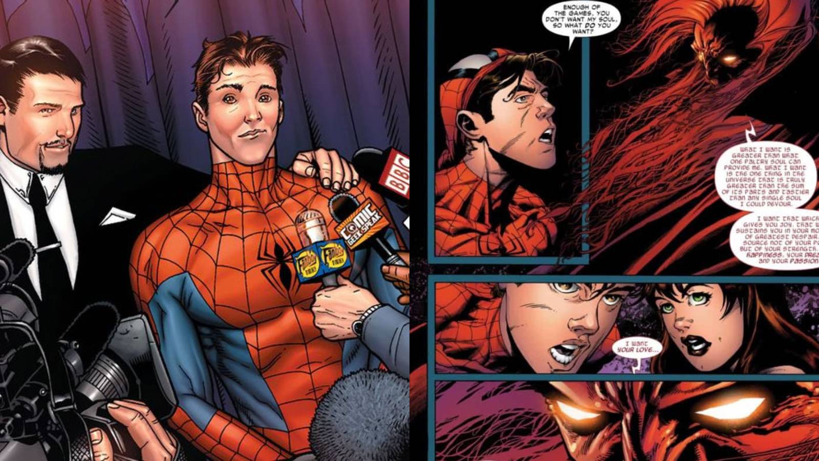 Spider-Man feature split image Spider-Man reveals his identity and Spider-Man makes a deal with Mephisto