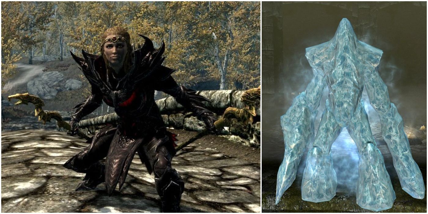 Dual wielding staves (left), frost atronach (right)