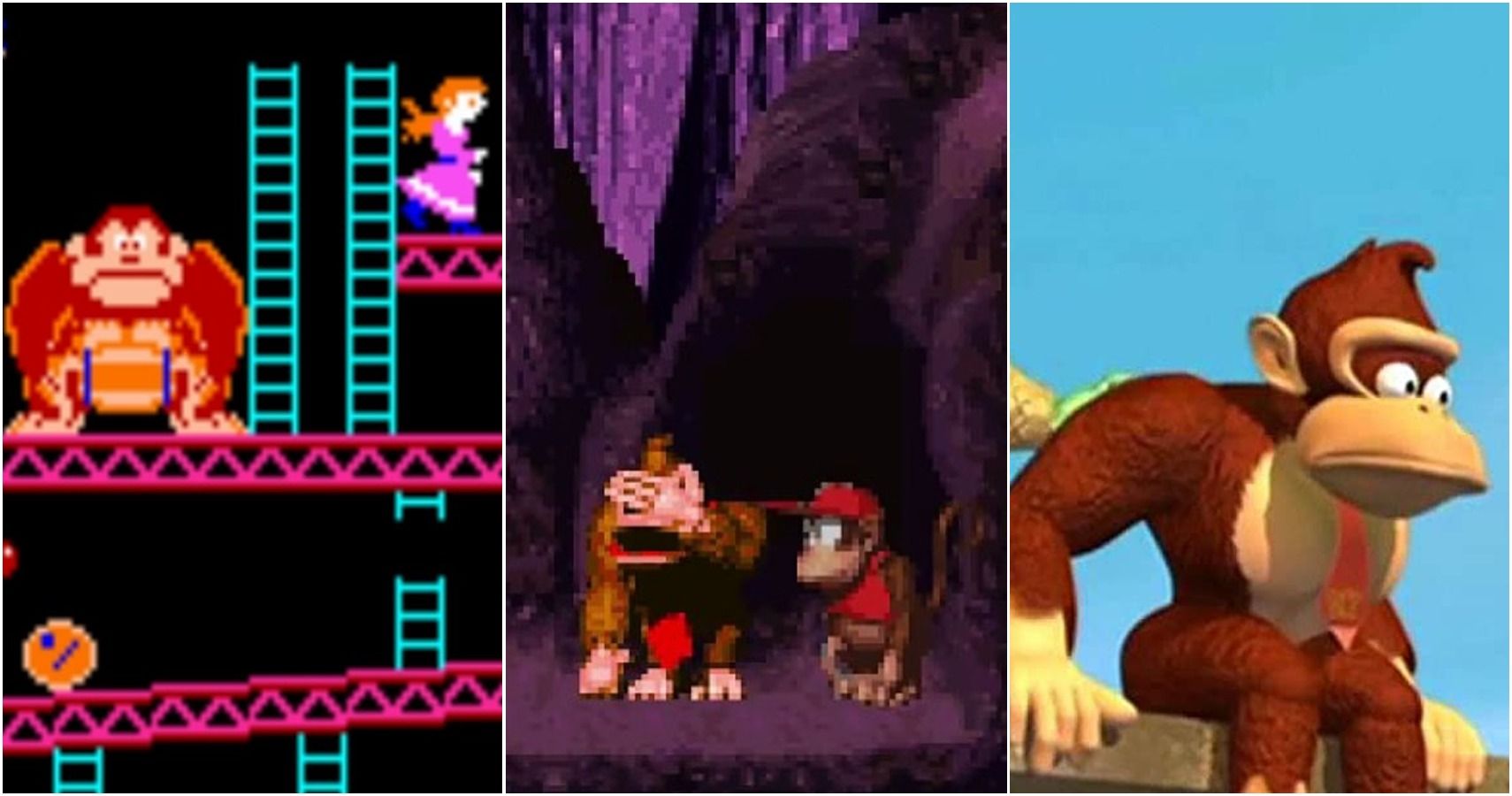 split image of Donkey Kong arcade, Kong in cave and upset Kong in DKC cartoon