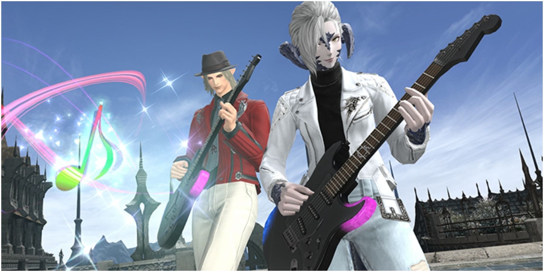 Characters with black guitars. 