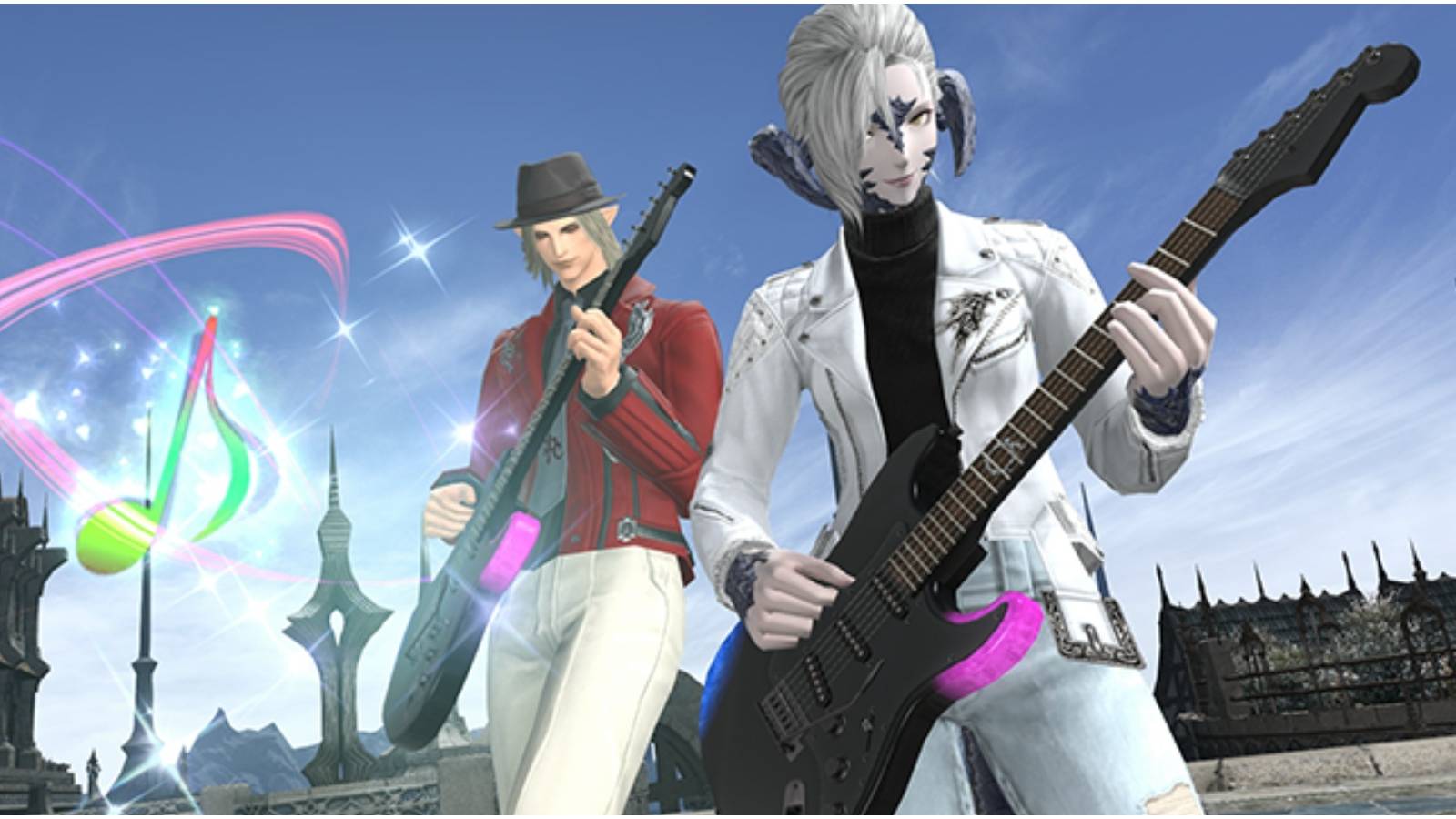 Characters with black guitars. 