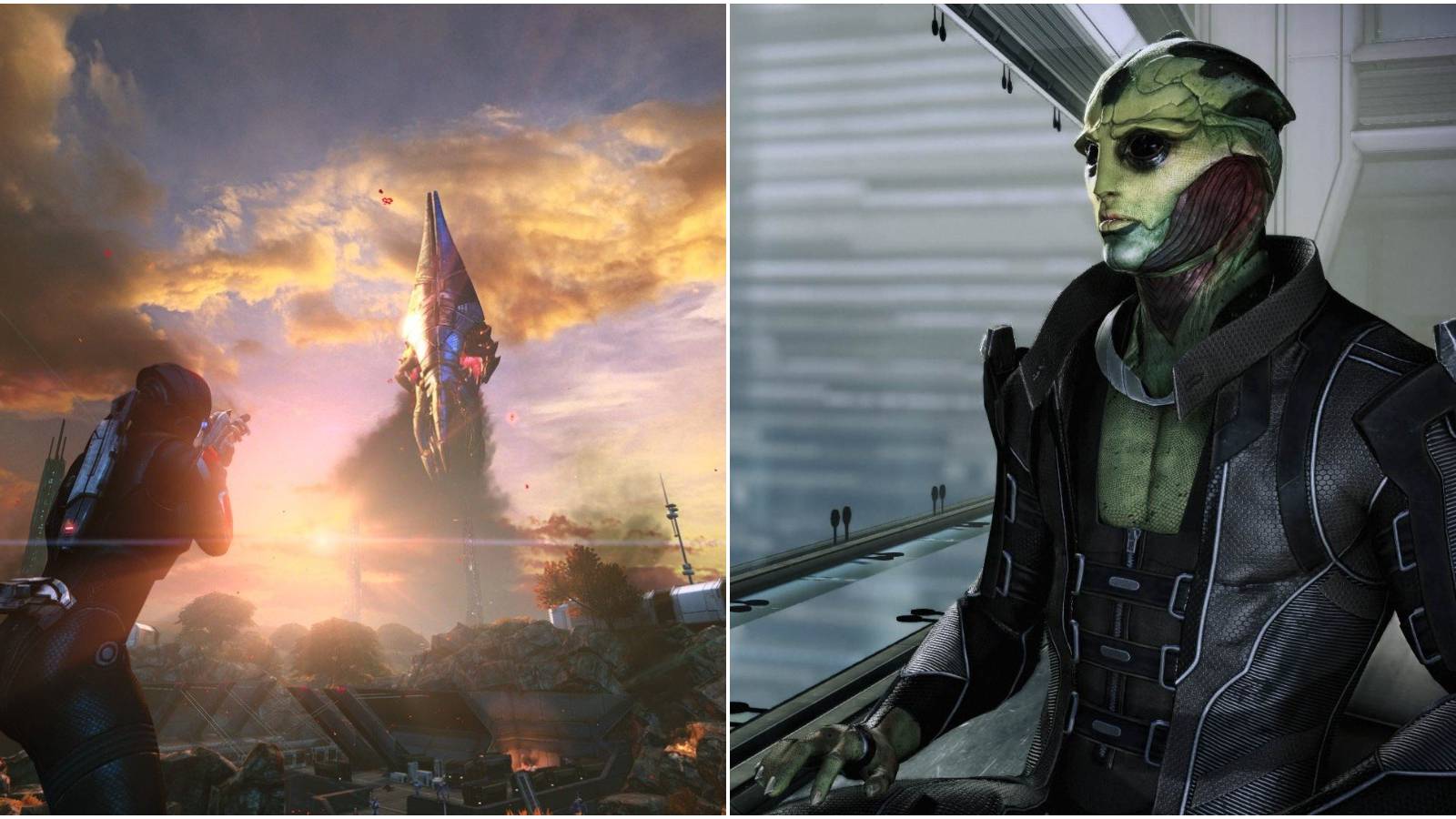 Split image of Shepard and Reaper and Thane. 