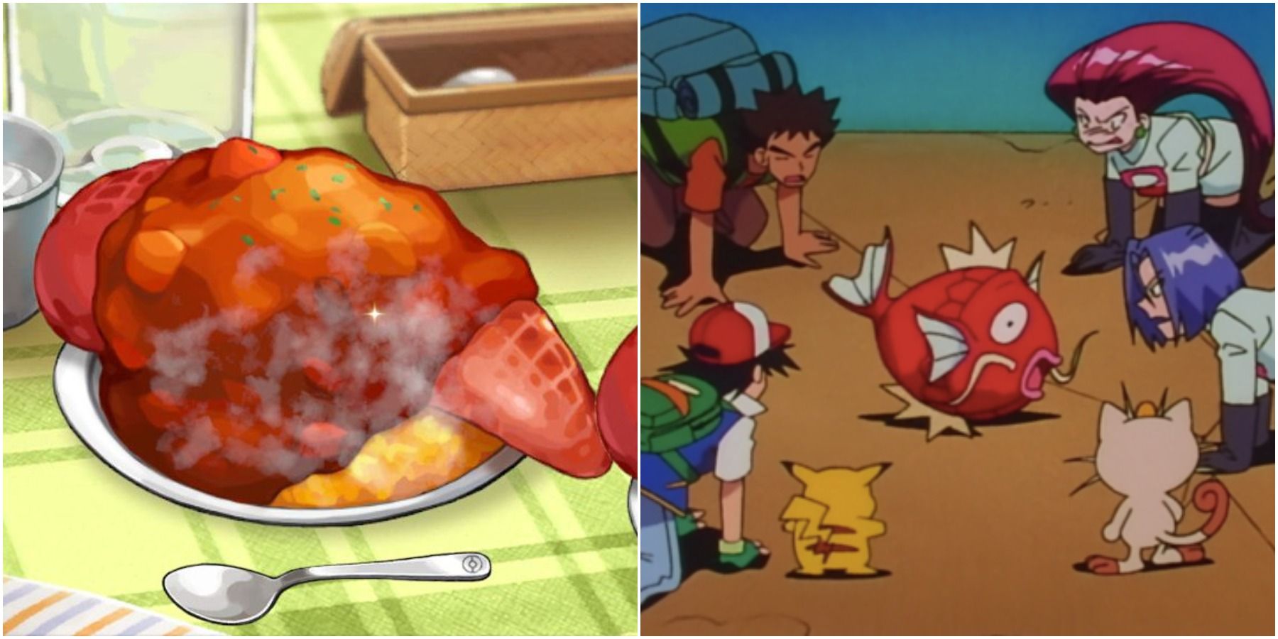 Split image of curry and anime characters surrounding Magikarp. 