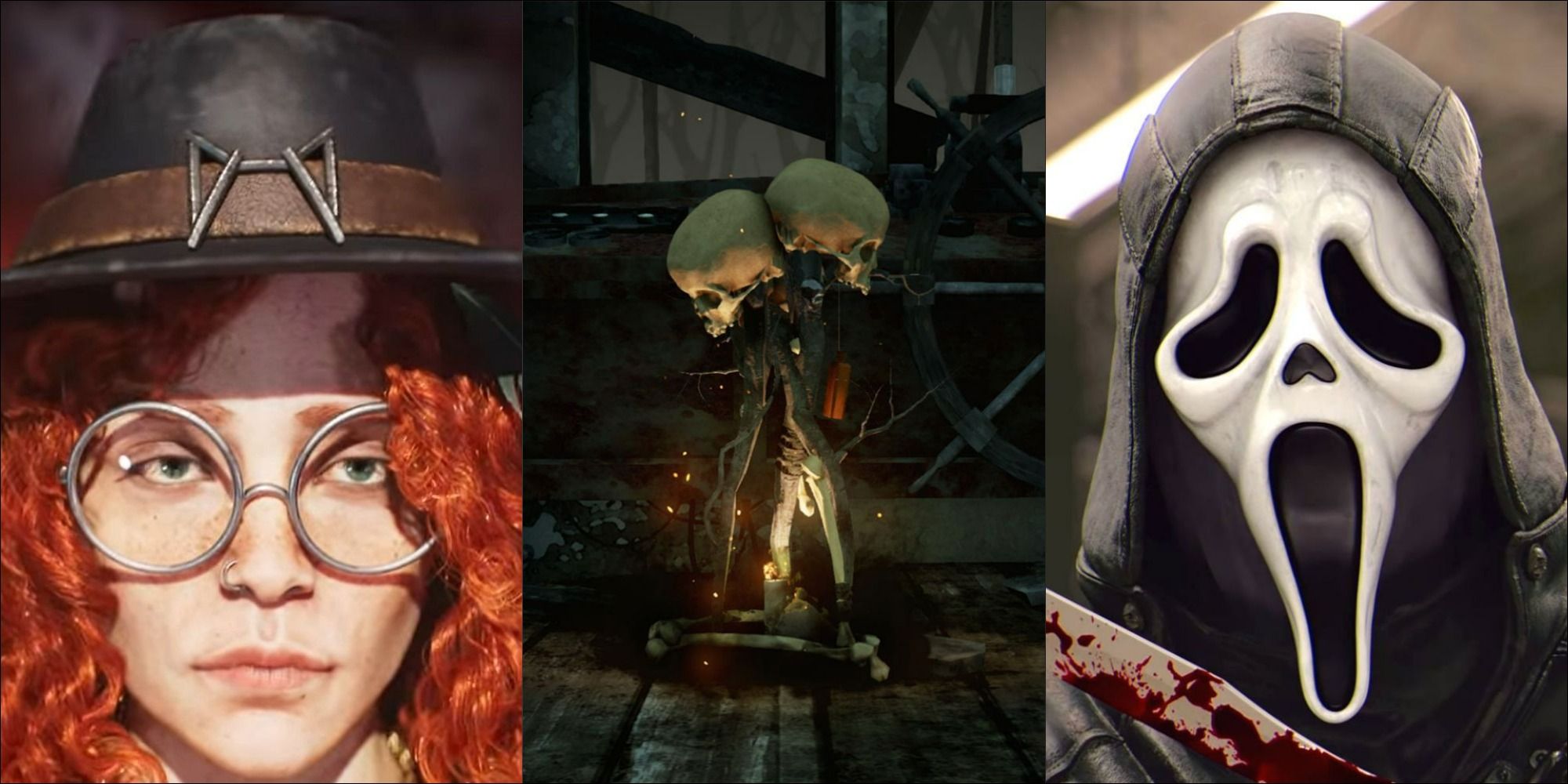 Closeups of Mikaela, Ghost Face, and a lit Hex totem from Dead by Daylight