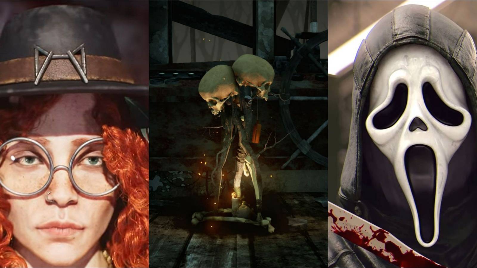 Closeups of Mikaela, Ghost Face, and a lit Hex totem from Dead by Daylight