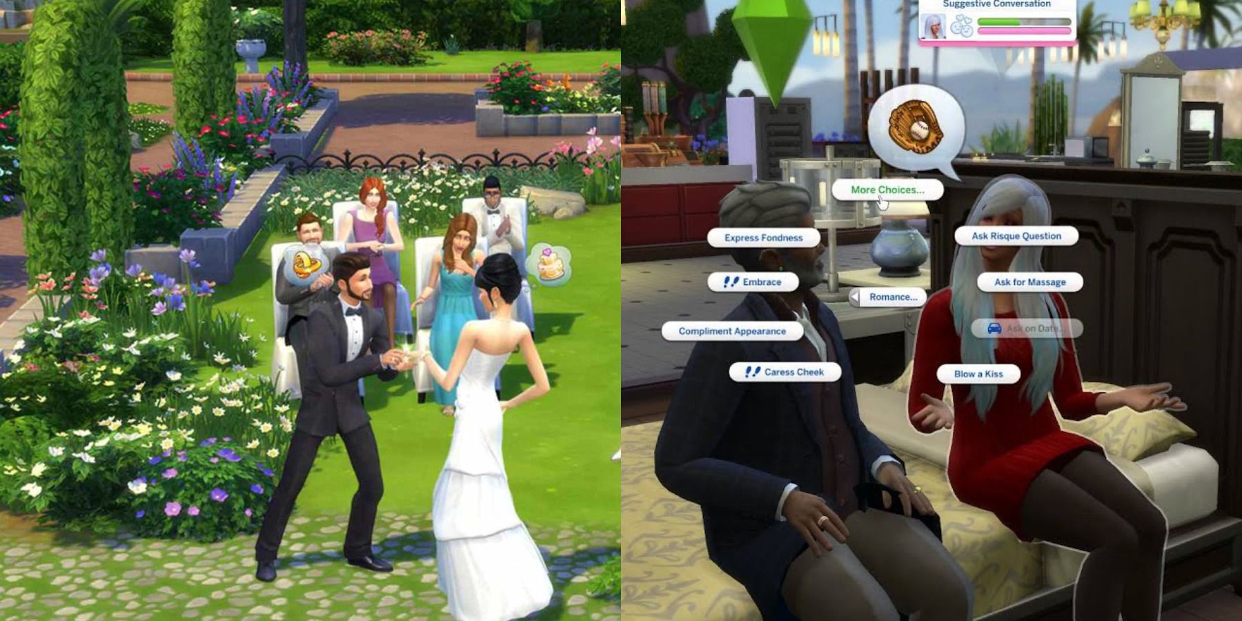 Sims 4 social events feature split image wedding and a date