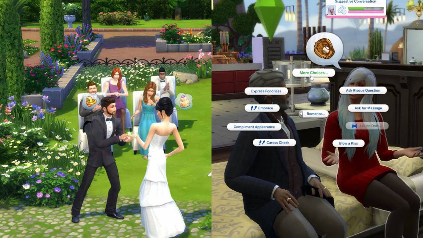Sims 4 social events feature split image wedding and a date