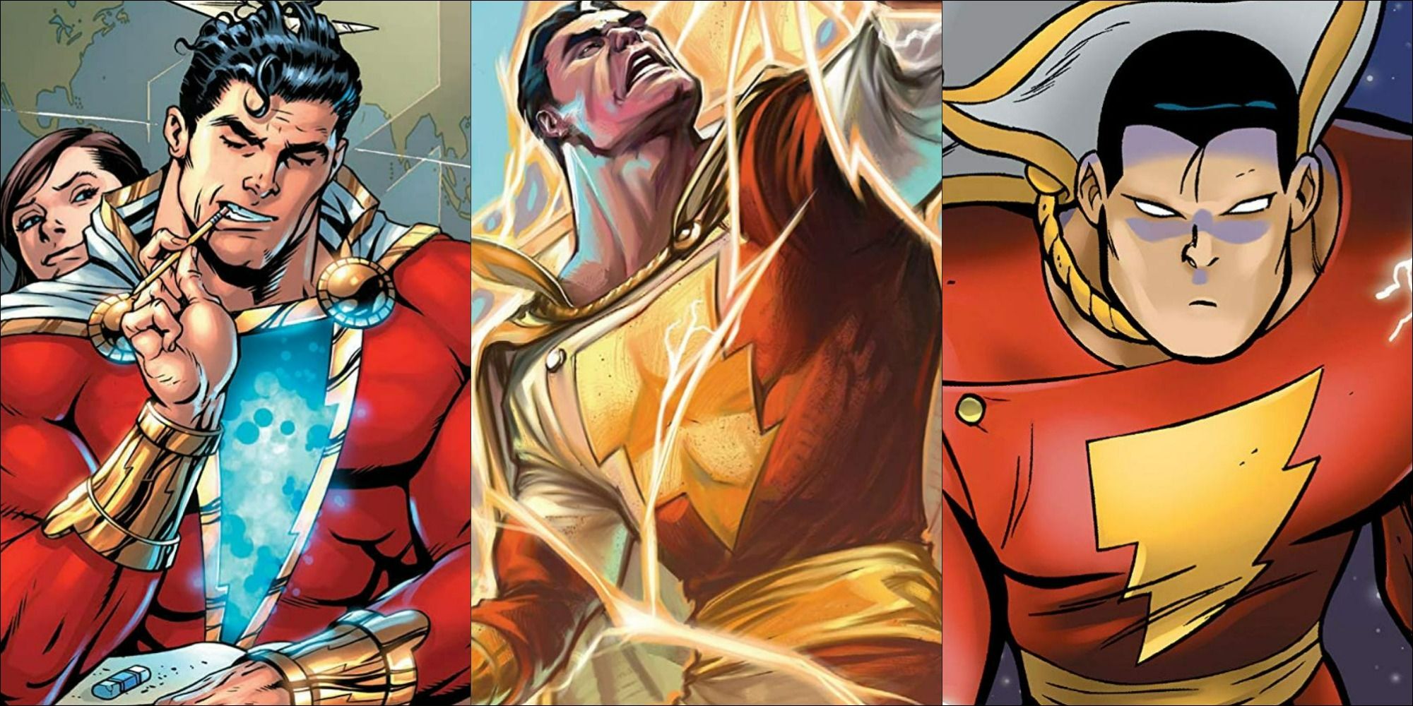 Three pictures of Shazam from the comics