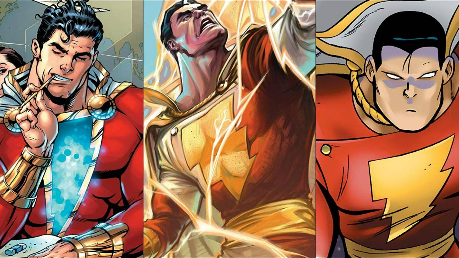 Three pictures of Shazam from the comics