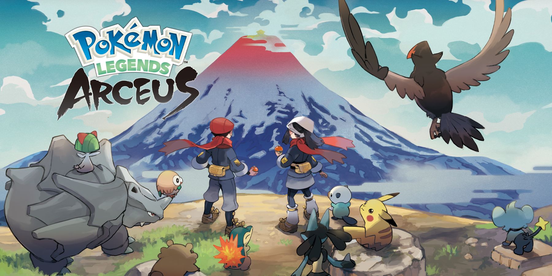 A stylized illustration of Hisui with different Pokemon and the Pokemon Legends: Arceus title logo featured. (From left to right, Rhydon with a Ralts sitting on its back and a Rwolet on its horn, Bidoof, Cyndaquil, Lucario, Oshawott, Pikachu, Staraptor, and Shinx. There are also two Pokemon trainers in the center of the image.)
